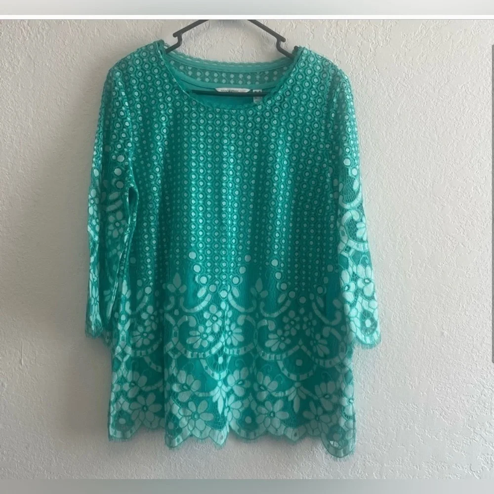 Isaac Mizrahi Live! Green Crochet Lace Overlay Tunic Top Sz Lg beautifu… - Picture 10 of 11